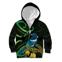 New Zealand Tui Bird Kid Hoodie Aotearoa Maori With Kowhai Flowers LT14 Zip Hoodie Black - Polynesian Pride