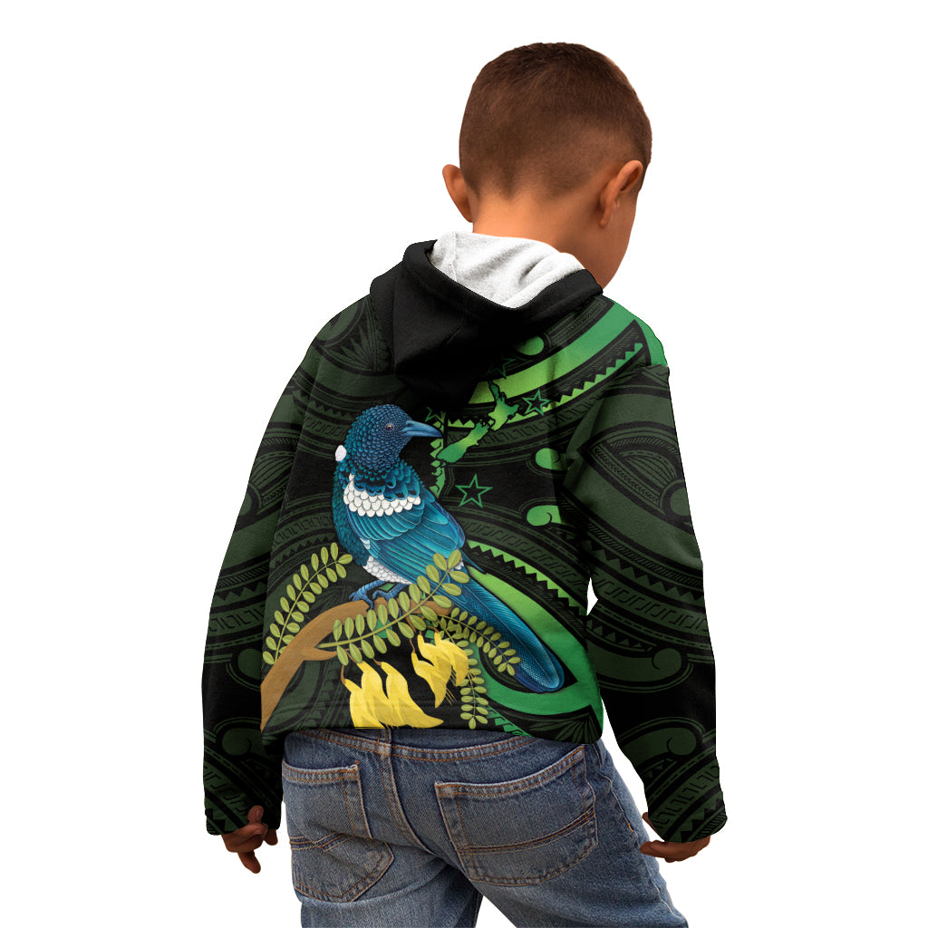 New Zealand Tui Bird Kid Hoodie Aotearoa Maori With Kowhai Flowers LT14 - Polynesian Pride