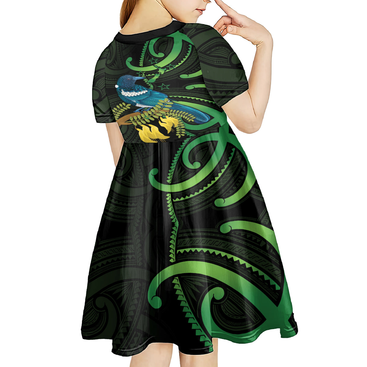 New Zealand Tui Bird Kid Short Sleeve Dress Aotearoa Maori With Kowhai Flowers LT14 - Polynesian Pride