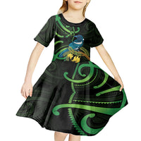 New Zealand Tui Bird Kid Short Sleeve Dress Aotearoa Maori With Kowhai Flowers LT14 - Polynesian Pride