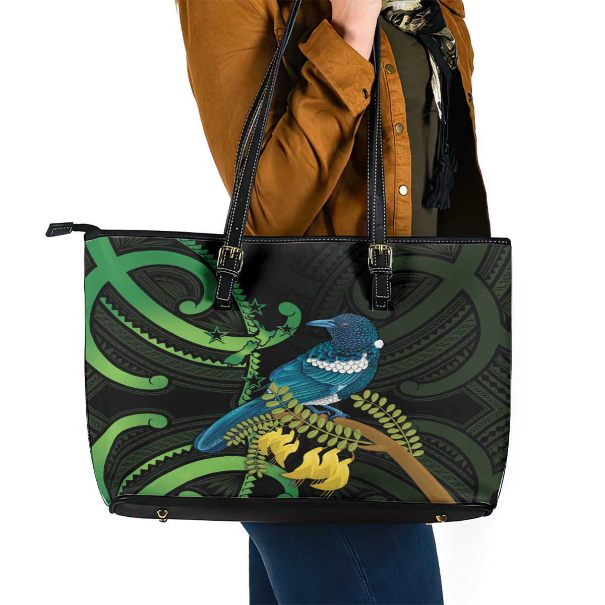 New Zealand Tui Bird Leather Tote Bag Aotearoa Maori With Kowhai Flowers LT14 - Polynesian Pride