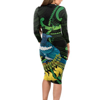New Zealand Tui Bird Long Sleeve Bodycon Dress Aotearoa Maori With Kowhai Flowers LT14 - Polynesian Pride