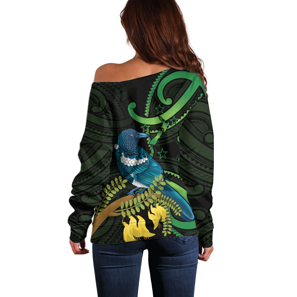 New Zealand Tui Bird Off Shoulder Sweater Aotearoa Maori With Kowhai Flowers LT14 - Polynesian Pride