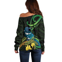 New Zealand Tui Bird Off Shoulder Sweater Aotearoa Maori With Kowhai Flowers LT14 - Polynesian Pride