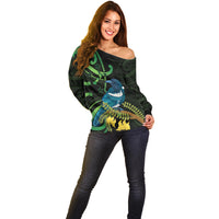 New Zealand Tui Bird Off Shoulder Sweater Aotearoa Maori With Kowhai Flowers LT14 - Polynesian Pride