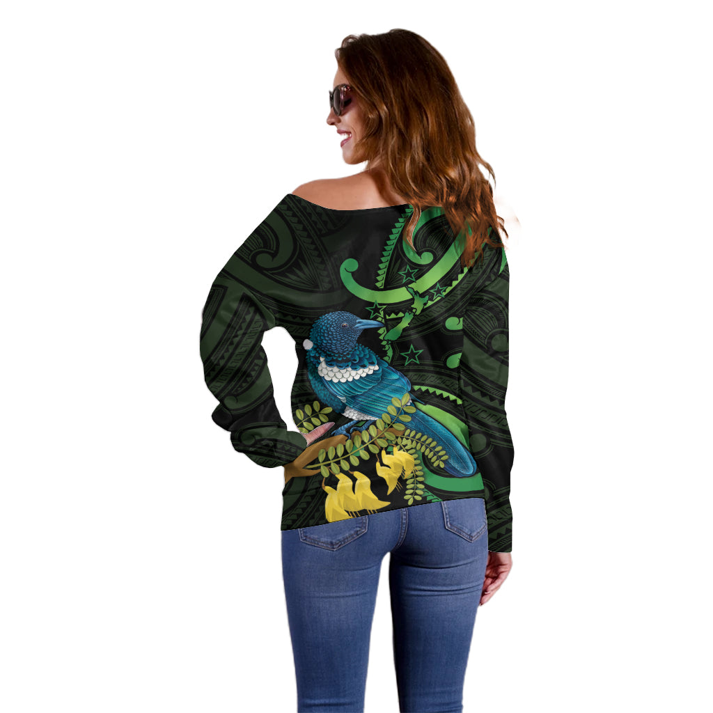 New Zealand Tui Bird Off Shoulder Sweater Aotearoa Maori With Kowhai Flowers LT14 - Polynesian Pride