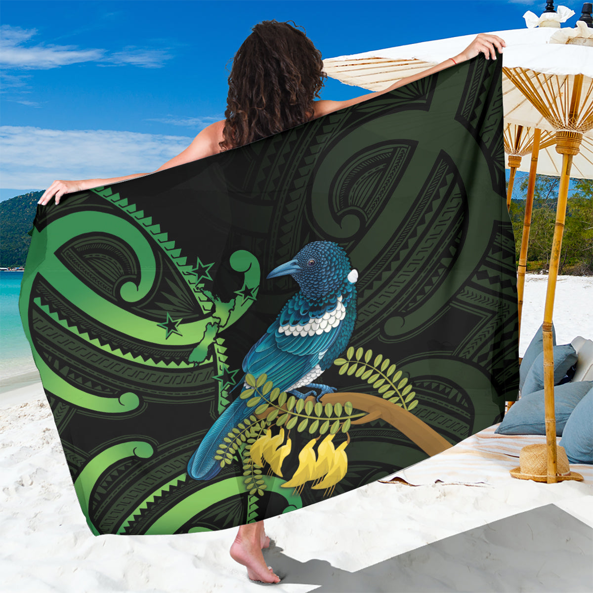 New Zealand Tui Bird Sarong Aotearoa Maori With Kowhai Flowers LT14 One Size 44 x 66 inches Black - Polynesian Pride