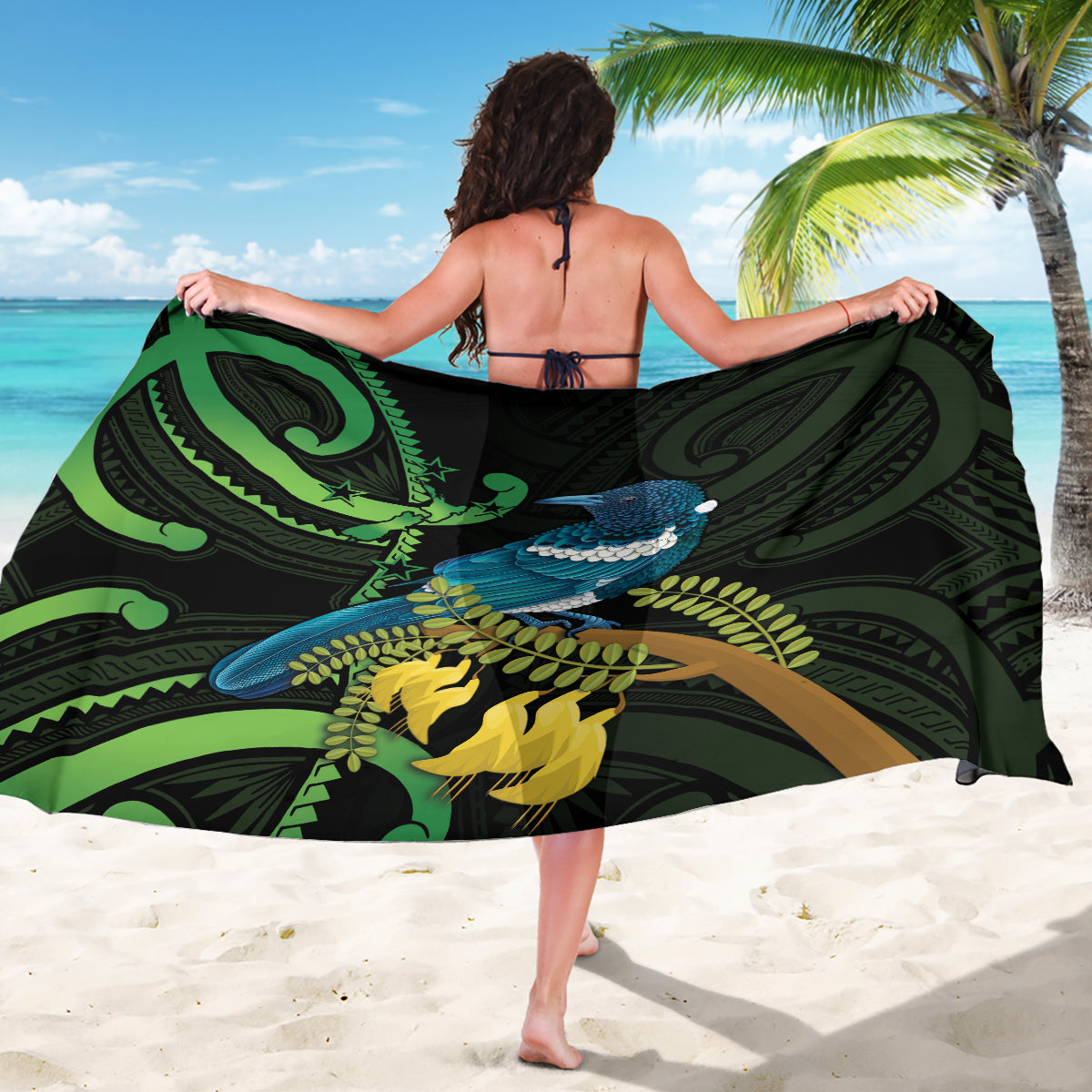 New Zealand Tui Bird Sarong Aotearoa Maori With Kowhai Flowers LT14 - Polynesian Pride