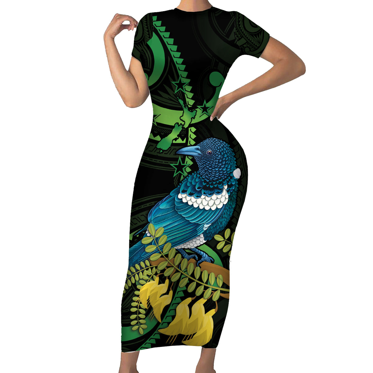 New Zealand Tui Bird Short Sleeve Bodycon Dress Aotearoa Maori With Kowhai Flowers LT14 Long Dress Black - Polynesian Pride