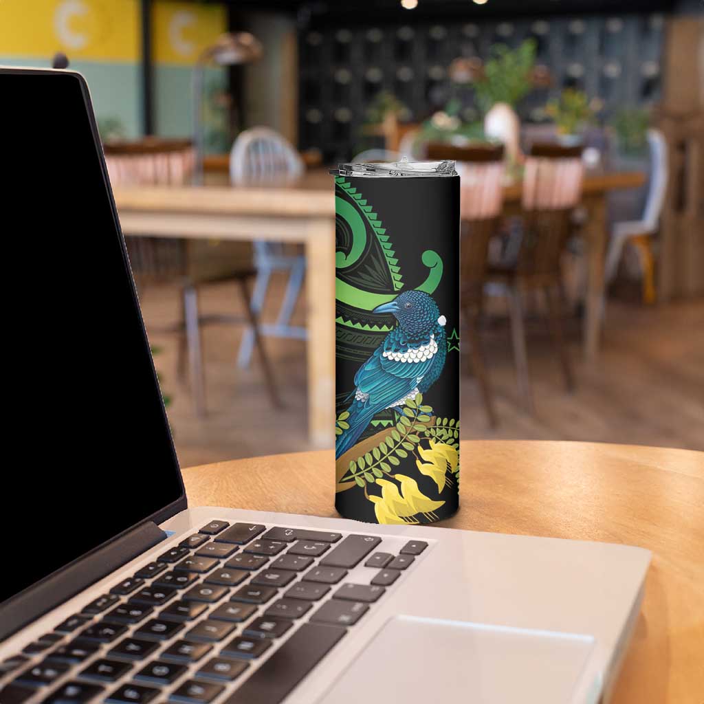 New Zealand Tui Bird Skinny Tumbler Aotearoa Maori With Kowhai Flowers LT14 - Polynesian Pride