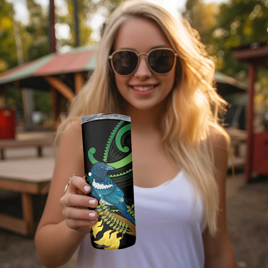 New Zealand Tui Bird Skinny Tumbler Aotearoa Maori With Kowhai Flowers LT14 - Polynesian Pride