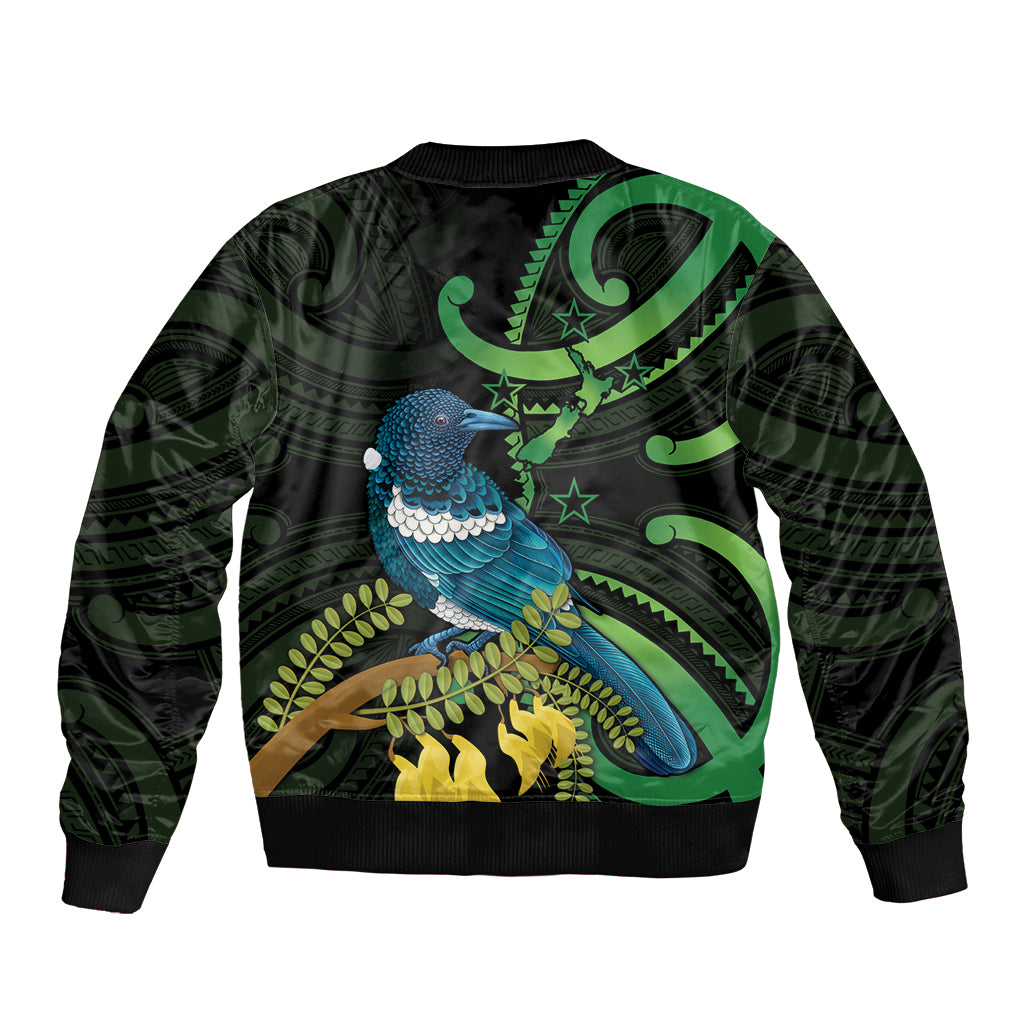 New Zealand Tui Bird Sleeve Zip Bomber Jacket Aotearoa Maori With Kowhai Flowers