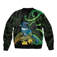 New Zealand Tui Bird Sleeve Zip Bomber Jacket Aotearoa Maori With Kowhai Flowers