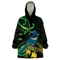New Zealand Tui Bird Wearable Blanket Hoodie Aotearoa Maori With Kowhai Flowers LT14 One Size Black - Polynesian Pride