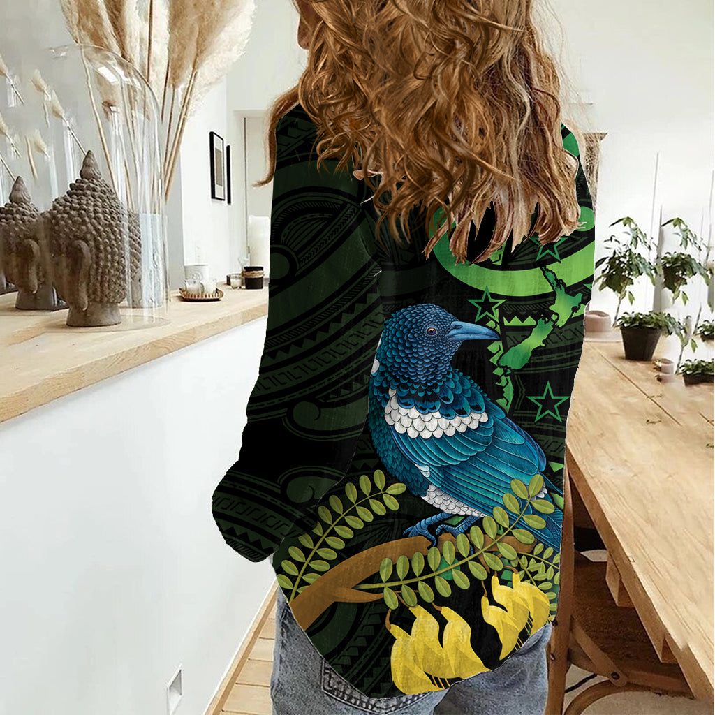New Zealand Tui Bird Women Casual Shirt Aotearoa Maori With Kowhai Flowers LT14 - Polynesian Pride
