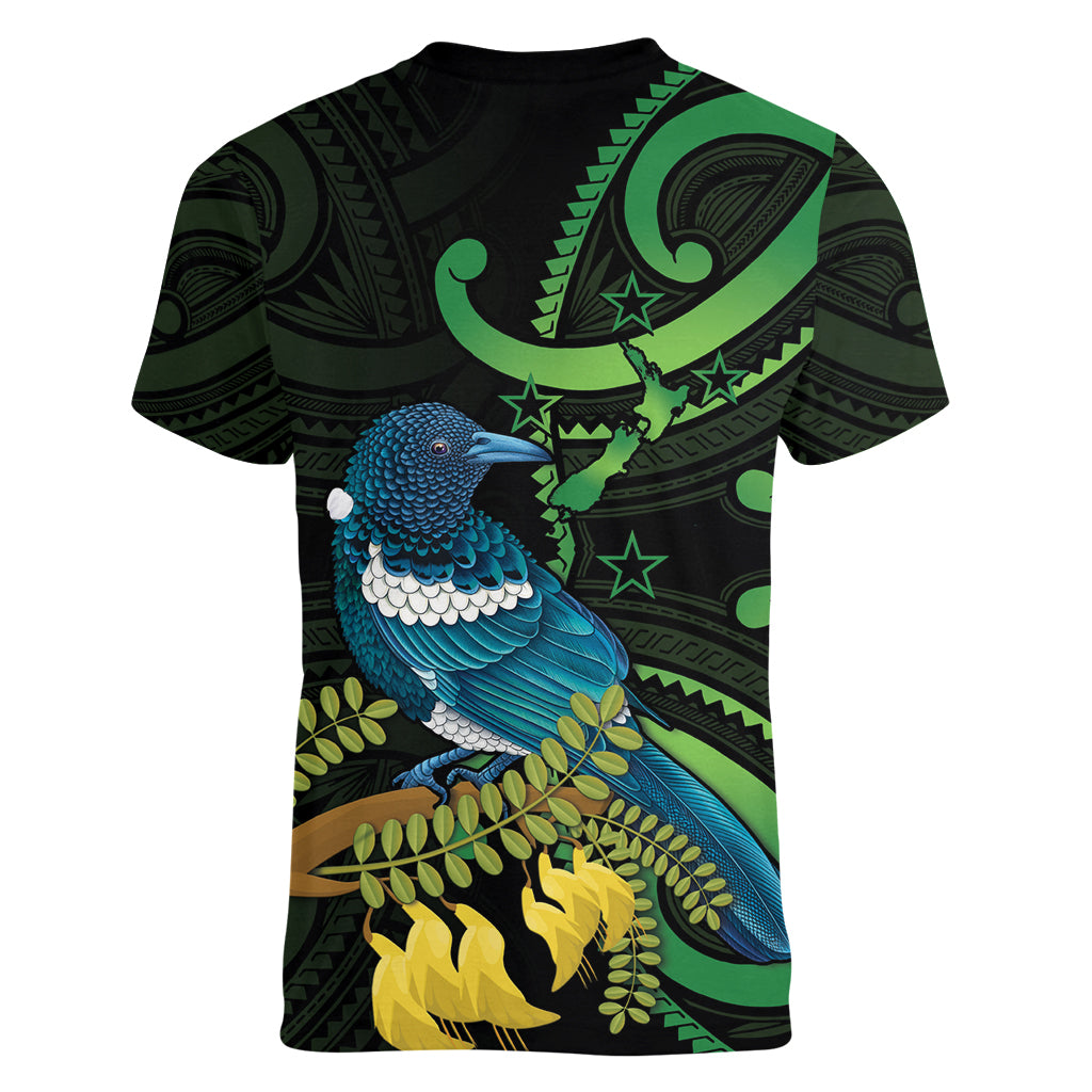 New Zealand Tui Bird Women V-Neck T-Shirt Aotearoa Maori With Kowhai Flowers