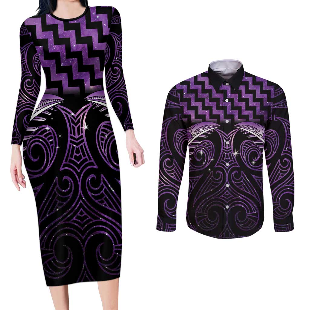 Purple Matariki New Zealand Couples Matching Long Sleeve Bodycon Dress and Long Sleeve Button Shirt Maori Poutama Galaxy Vibes LT14 Purple - Polynesian Pride