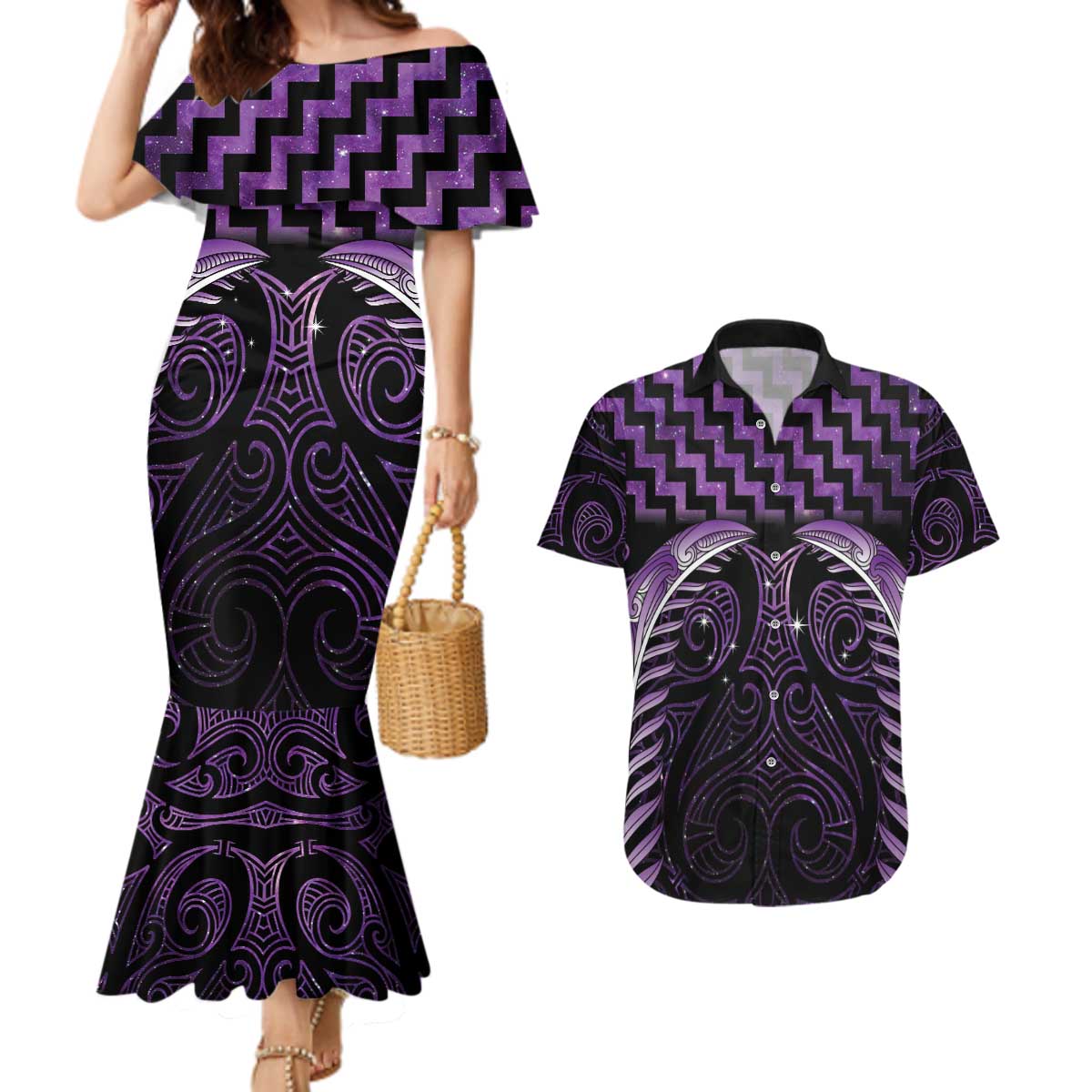 Purple Matariki New Zealand Couples Matching Mermaid Dress and Hawaiian Shirt Maori Poutama Galaxy Vibes