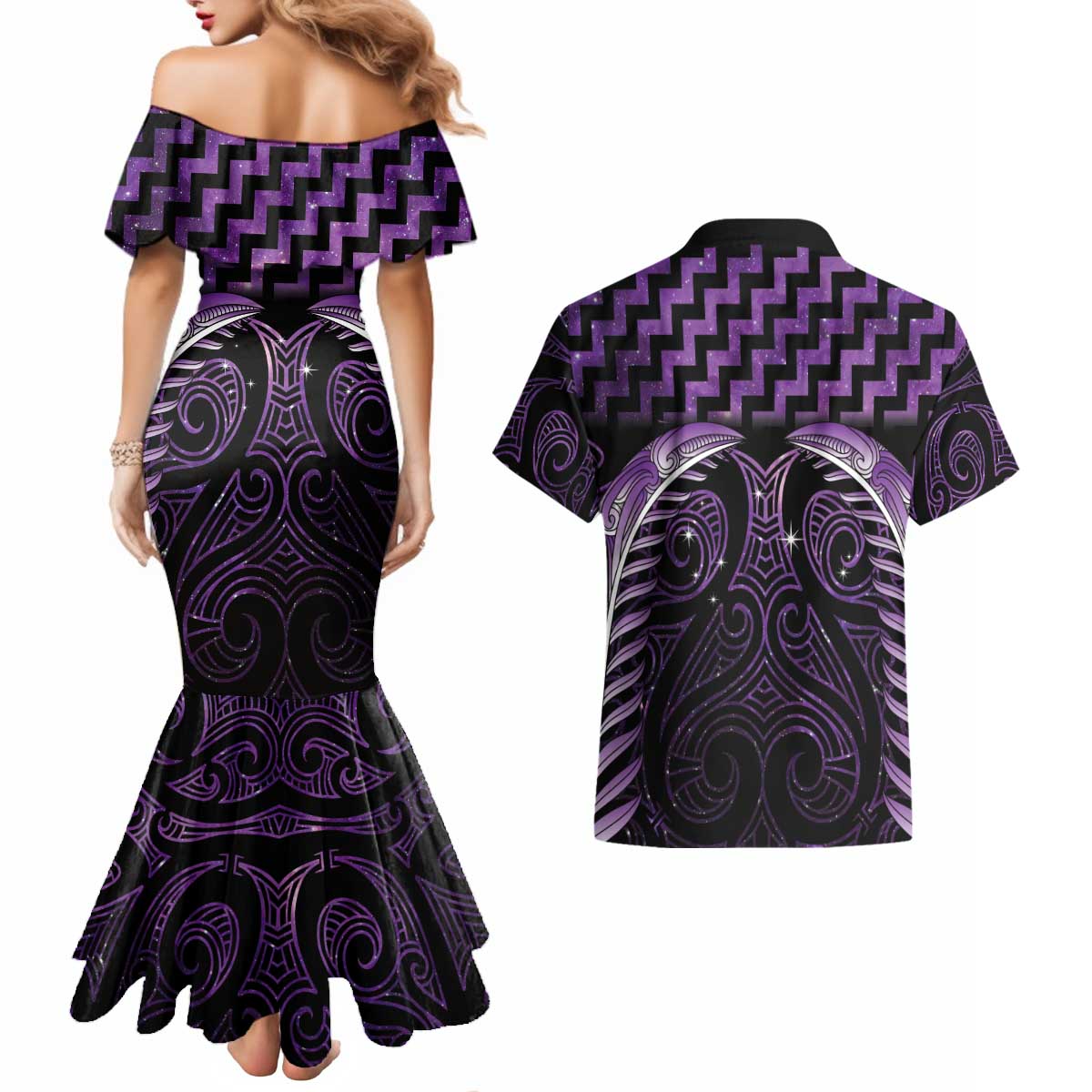 Purple Matariki New Zealand Couples Matching Mermaid Dress and Hawaiian Shirt Maori Poutama Galaxy Vibes LT14 - Polynesian Pride