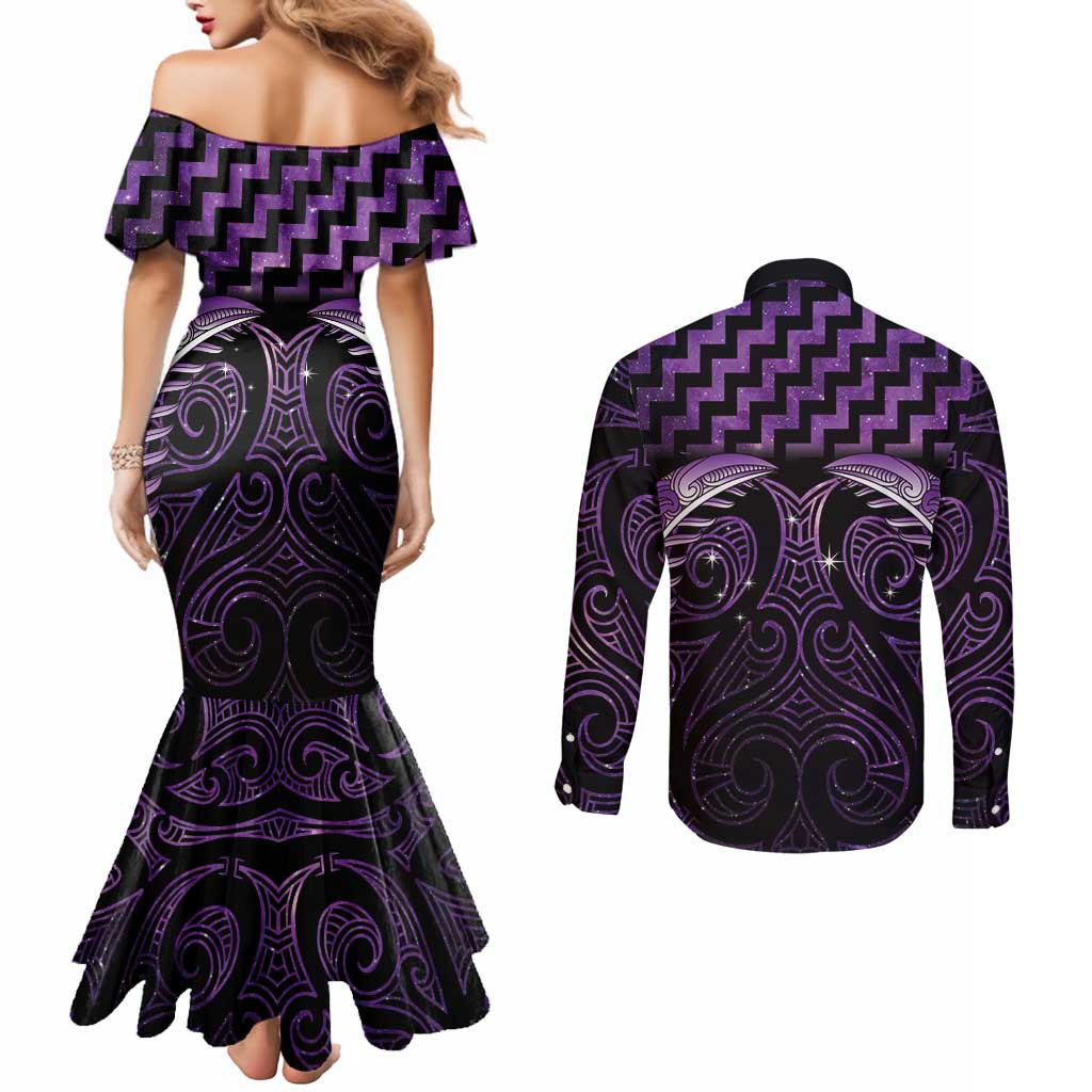 Purple Matariki New Zealand Couples Matching Mermaid Dress and Long Sleeve Button Shirt Maori Poutama Galaxy Vibes LT14 - Polynesian Pride