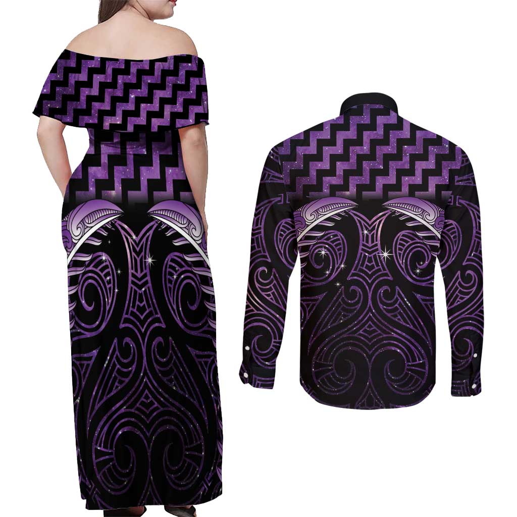 Purple Matariki New Zealand Couples Matching Off Shoulder Maxi Dress and Long Sleeve Button Shirt Maori Poutama Galaxy Vibes LT14 - Polynesian Pride