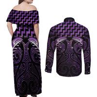 Purple Matariki New Zealand Couples Matching Off Shoulder Maxi Dress and Long Sleeve Button Shirt Maori Poutama Galaxy Vibes LT14 - Polynesian Pride
