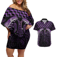 Purple Matariki New Zealand Couples Matching Off Shoulder Short Dress and Hawaiian Shirt Maori Poutama Galaxy Vibes LT14 Purple - Polynesian Pride