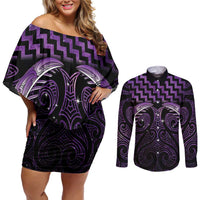 Purple Matariki New Zealand Couples Matching Off Shoulder Short Dress and Long Sleeve Button Shirt Maori Poutama Galaxy Vibes LT14 Purple - Polynesian Pride