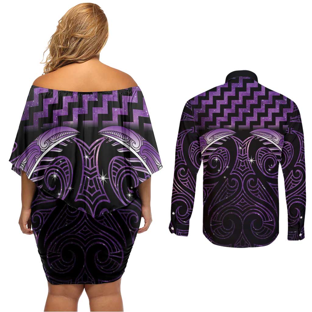 Purple Matariki New Zealand Couples Matching Off Shoulder Short Dress and Long Sleeve Button Shirt Maori Poutama Galaxy Vibes LT14 - Polynesian Pride