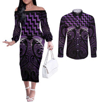 Purple Matariki New Zealand Couples Matching Off The Shoulder Long Sleeve Dress and Long Sleeve Button Shirt Maori Poutama Galaxy Vibes LT14 Purple - Polynesian Pride