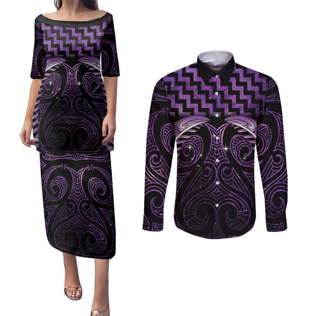 Purple Matariki New Zealand Couples Matching Puletasi and Long Sleeve Button Shirt Maori Poutama Galaxy Vibes LT14 Purple - Polynesian Pride