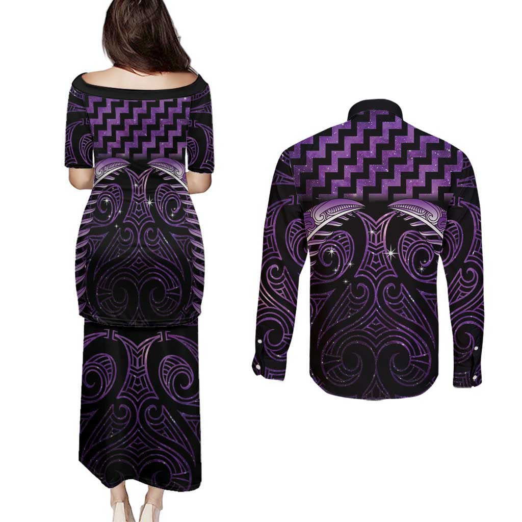 Purple Matariki New Zealand Couples Matching Puletasi and Long Sleeve Button Shirt Maori Poutama Galaxy Vibes LT14 - Polynesian Pride