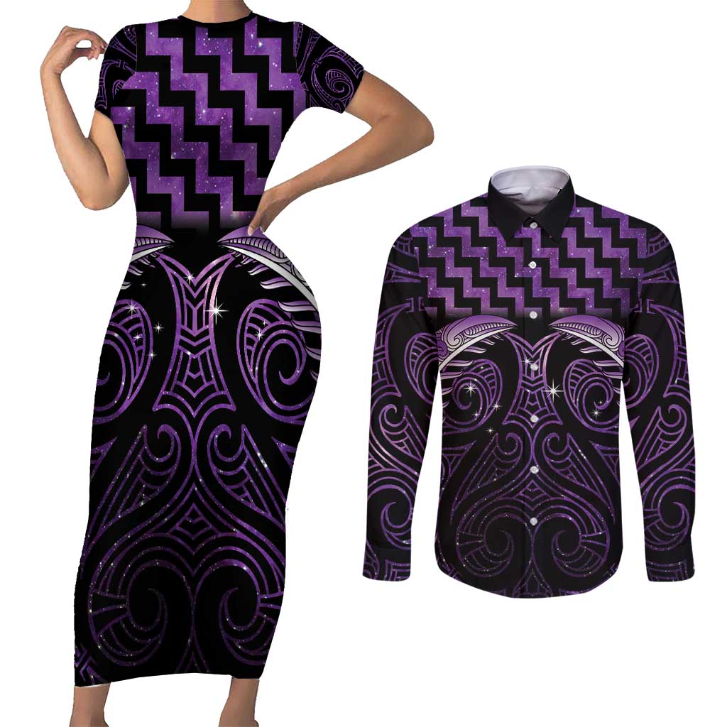 Purple Matariki New Zealand Couples Matching Short Sleeve Bodycon Dress and Long Sleeve Button Shirt Maori Poutama Galaxy Vibes LT14 Purple - Polynesian Pride