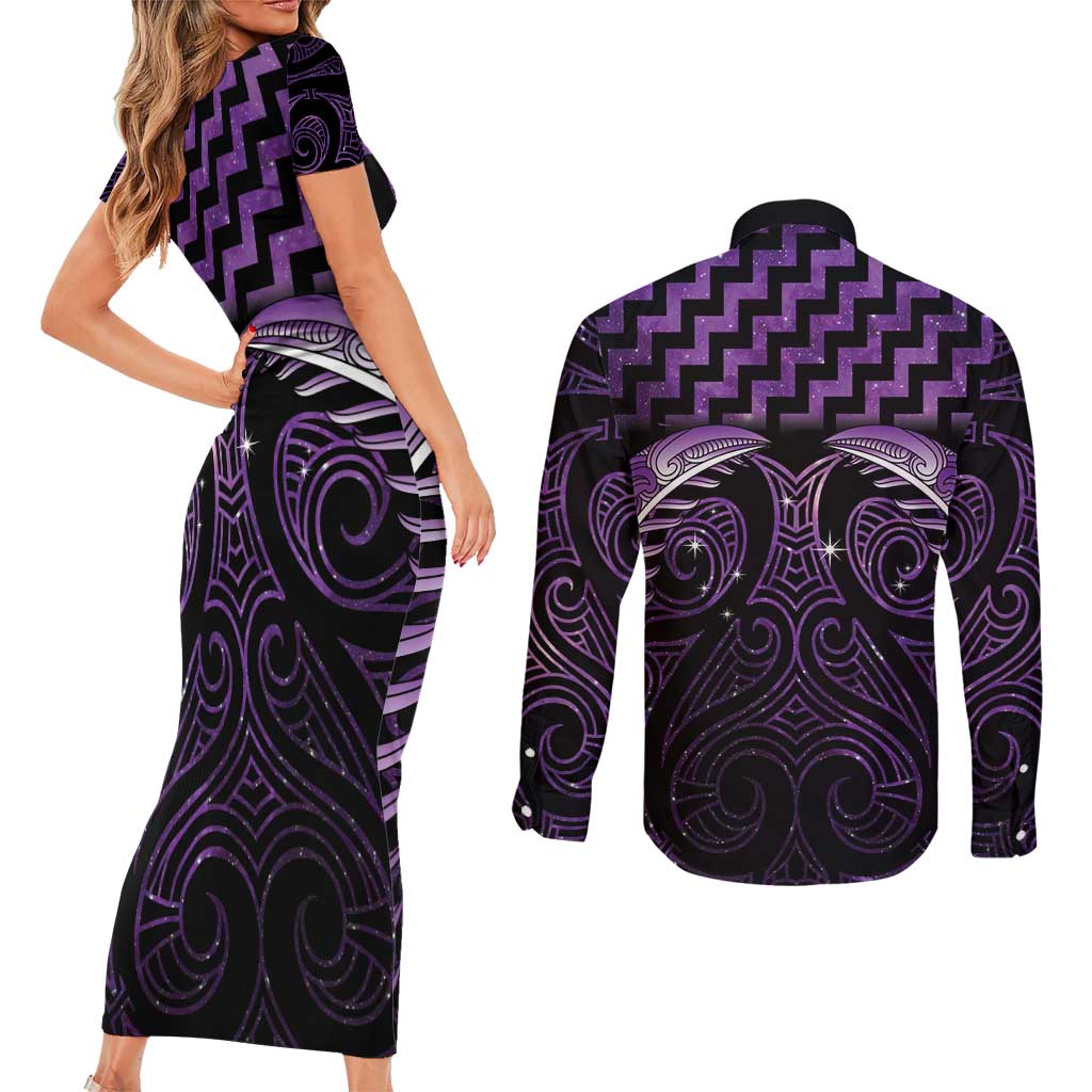 Purple Matariki New Zealand Couples Matching Short Sleeve Bodycon Dress and Long Sleeve Button Shirt Maori Poutama Galaxy Vibes LT14 - Polynesian Pride