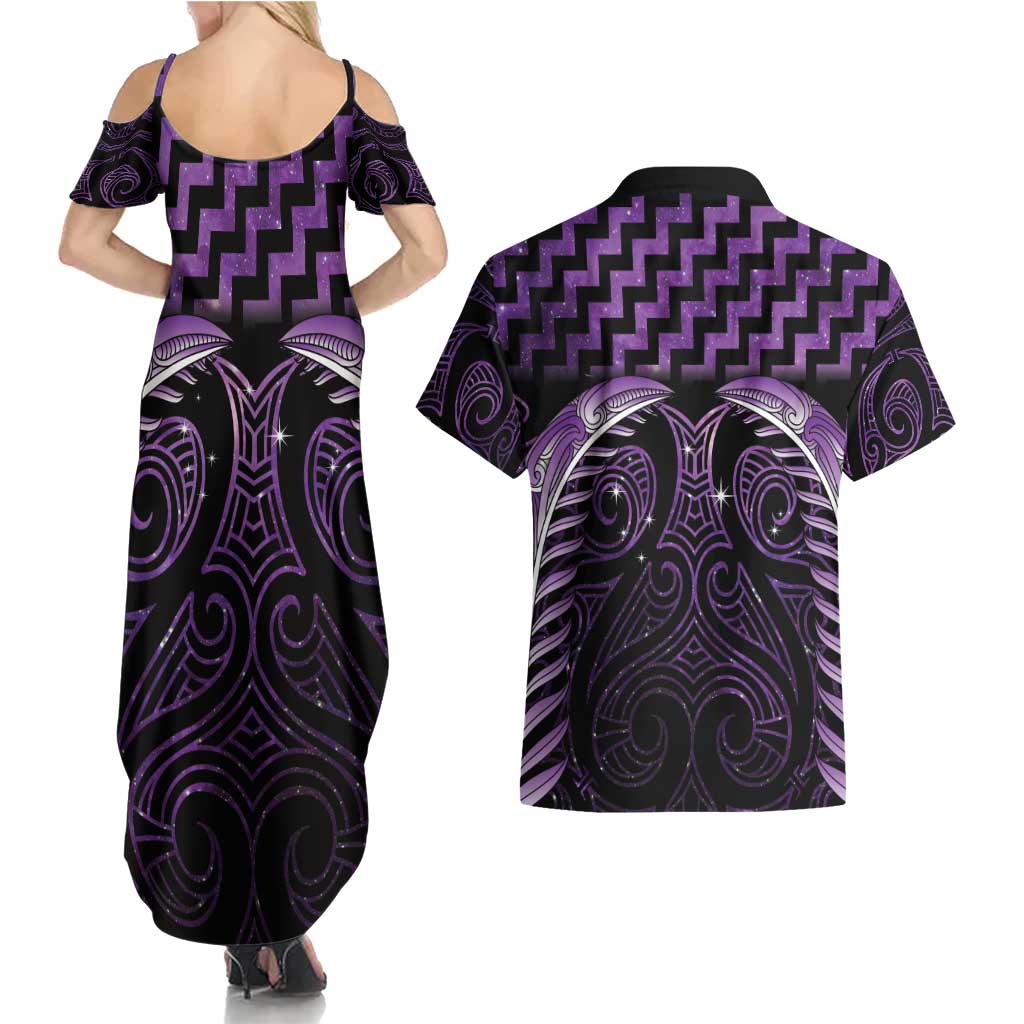 Purple Matariki New Zealand Couples Matching Summer Maxi Dress and Hawaiian Shirt Maori Poutama Galaxy Vibes LT14 - Polynesian Pride