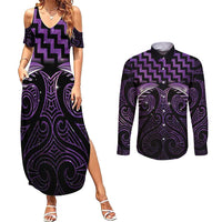 Purple Matariki New Zealand Couples Matching Summer Maxi Dress and Long Sleeve Button Shirt Maori Poutama Galaxy Vibes LT14 Purple - Polynesian Pride