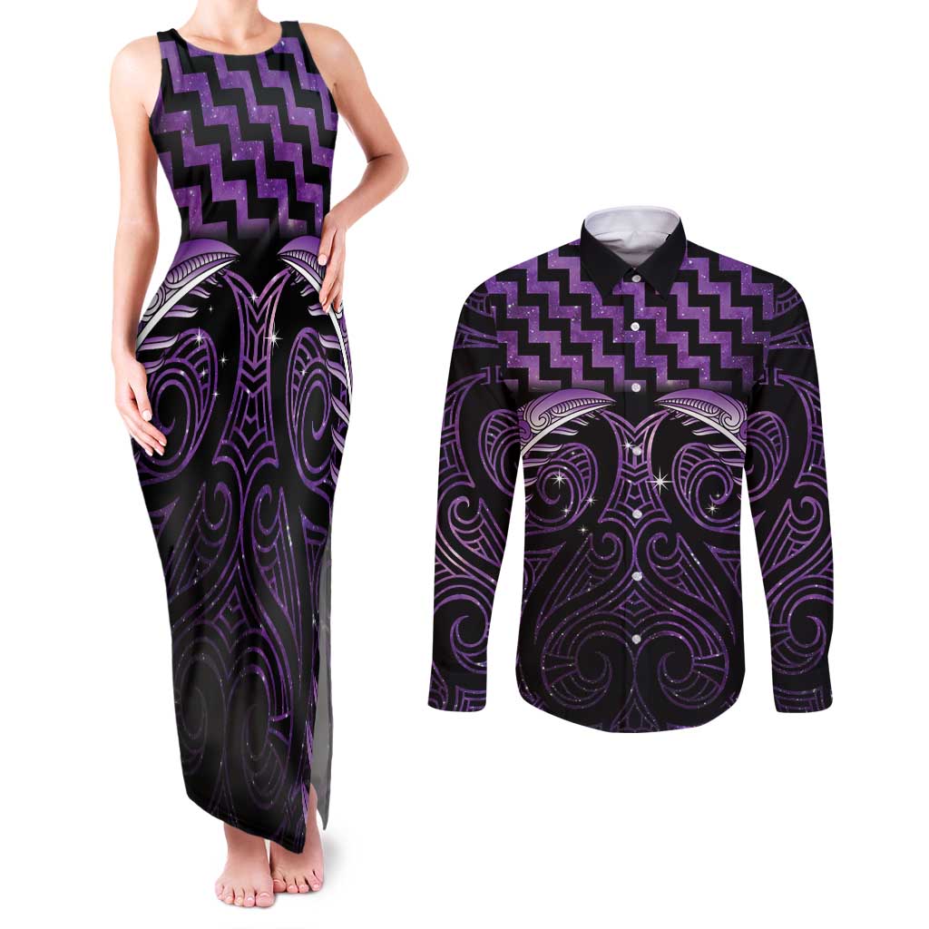 Purple Matariki New Zealand Couples Matching Tank Maxi Dress and Long Sleeve Button Shirt Maori Poutama Galaxy Vibes LT14 Purple - Polynesian Pride