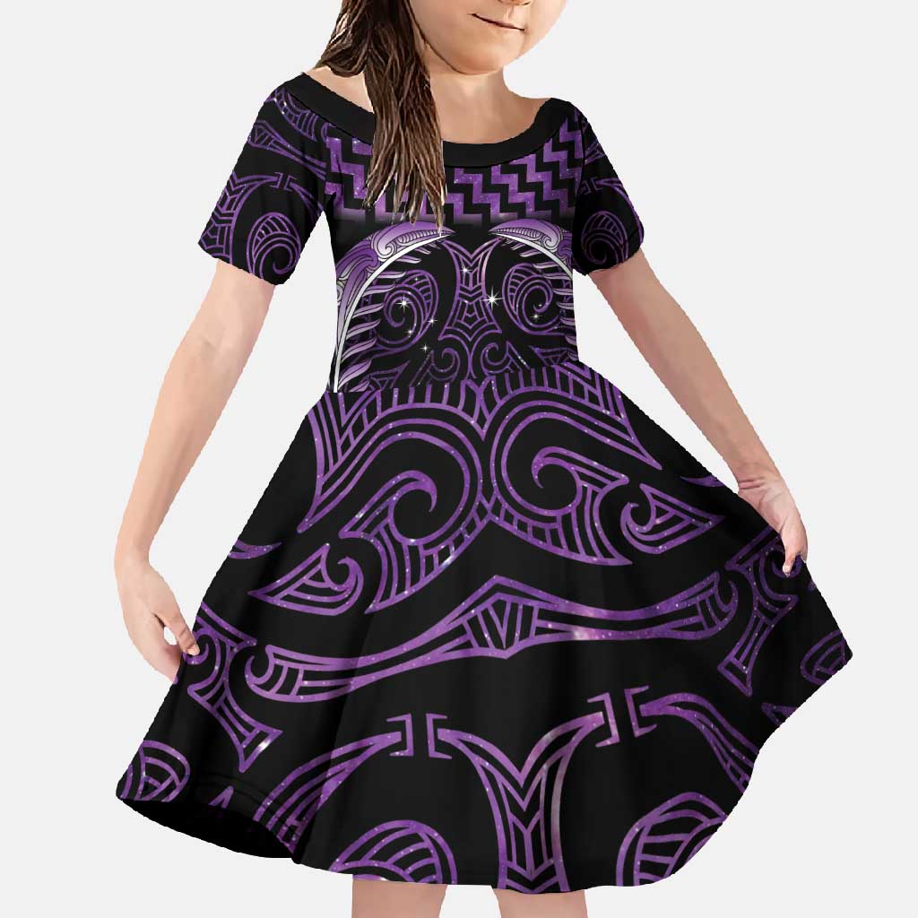 Purple Matariki New Zealand Family Matching Mermaid Dress and Hawaiian Shirt Maori Poutama Galaxy Vibes LT14 Daughter's Dress Purple - Polynesian Pride