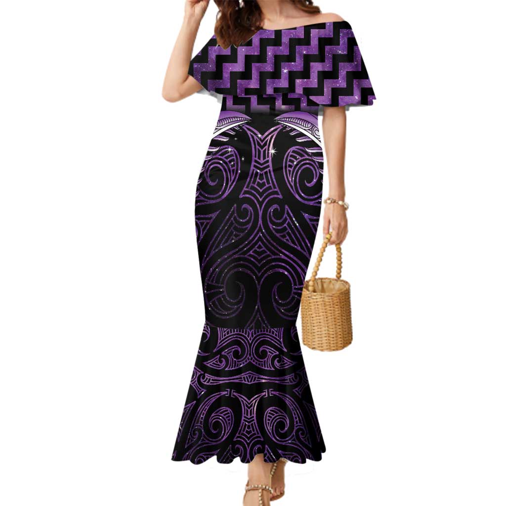 Purple Matariki New Zealand Family Matching Mermaid Dress and Hawaiian Shirt Maori Poutama Galaxy Vibes LT14 Mom's Dress Purple - Polynesian Pride