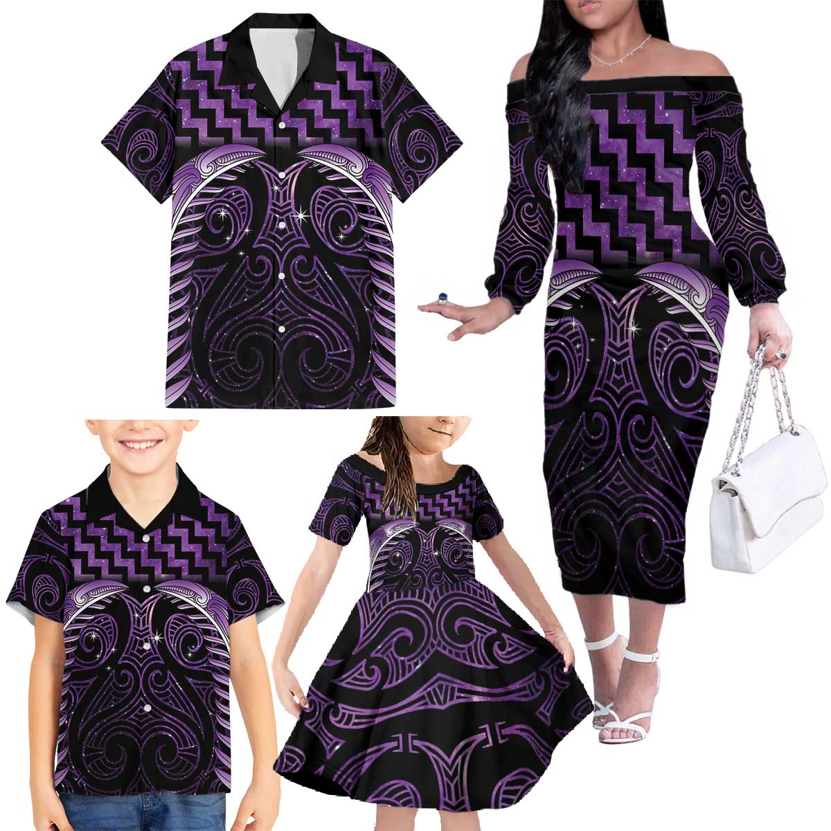 Purple Matariki New Zealand Family Matching Off The Shoulder Long Sleeve Dress and Hawaiian Shirt Maori Poutama Galaxy Vibes LT14 - Polynesian Pride
