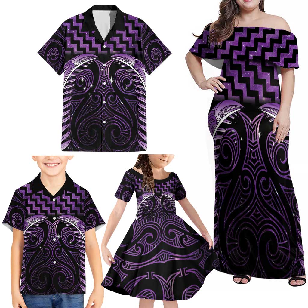 Purple Matariki New Zealand Family Matching Off Shoulder Maxi Dress and Hawaiian Shirt Maori Poutama Galaxy Vibes LT14 - Polynesian Pride
