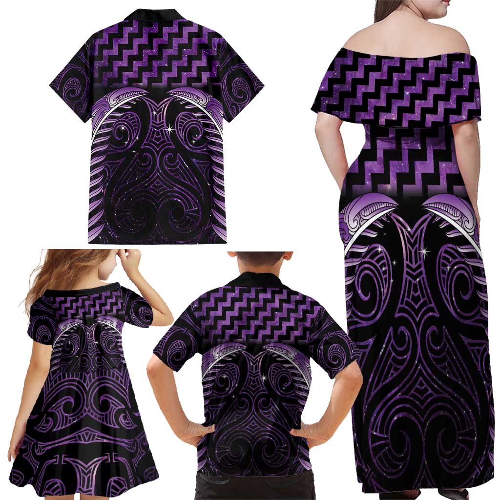 Purple Matariki New Zealand Family Matching Off Shoulder Maxi Dress and Hawaiian Shirt Maori Poutama Galaxy Vibes LT14 - Polynesian Pride