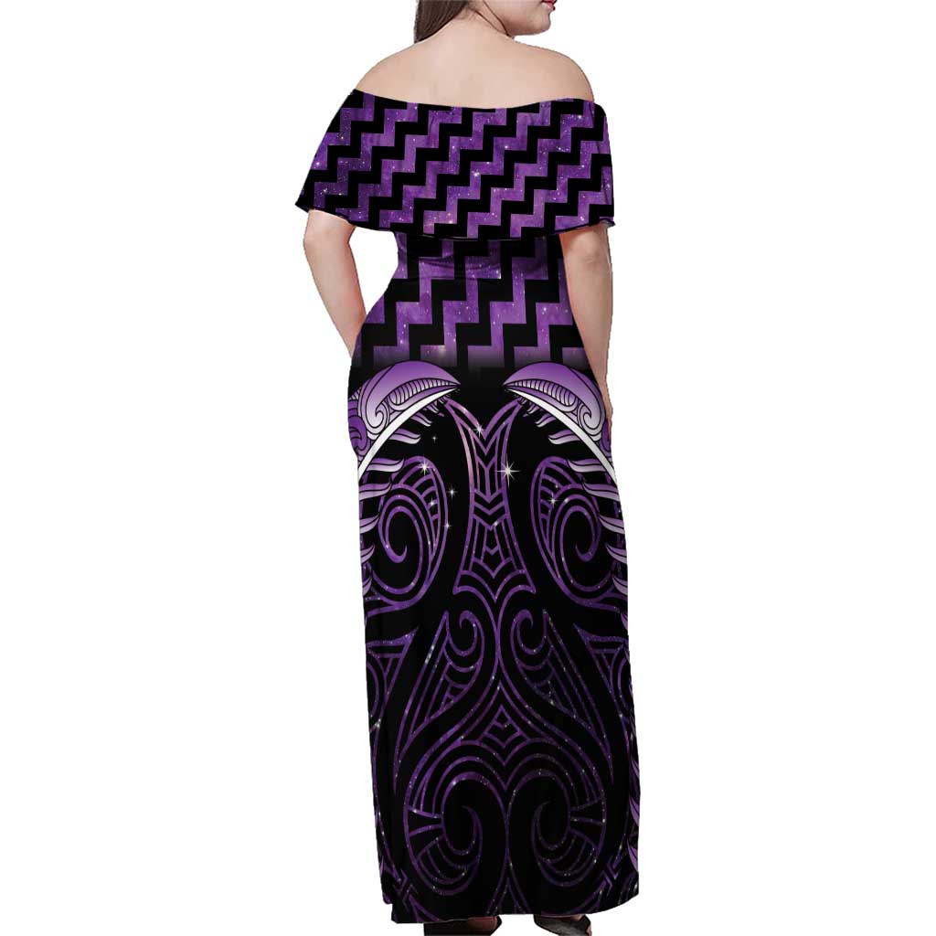 Purple Matariki New Zealand Family Matching Off Shoulder Maxi Dress and Hawaiian Shirt Maori Poutama Galaxy Vibes LT14 - Polynesian Pride