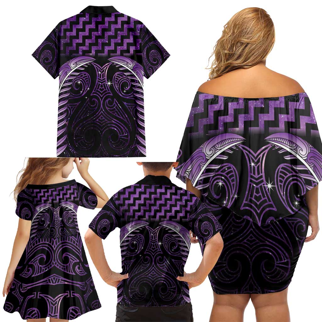 Purple Matariki New Zealand Family Matching Off Shoulder Short Dress and Hawaiian Shirt Maori Poutama Galaxy Vibes LT14 - Polynesian Pride
