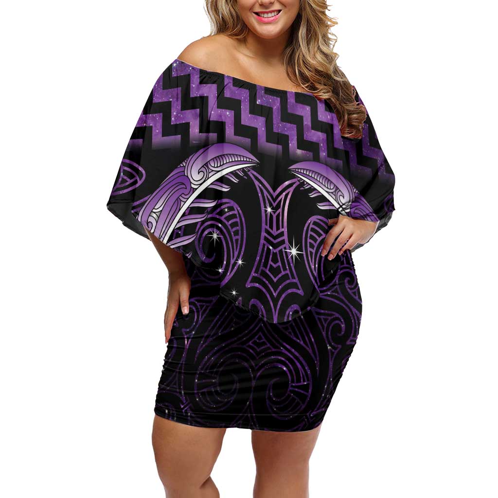 Purple Matariki New Zealand Family Matching Off Shoulder Short Dress and Hawaiian Shirt Maori Poutama Galaxy Vibes LT14 Mom's Dress Purple - Polynesian Pride