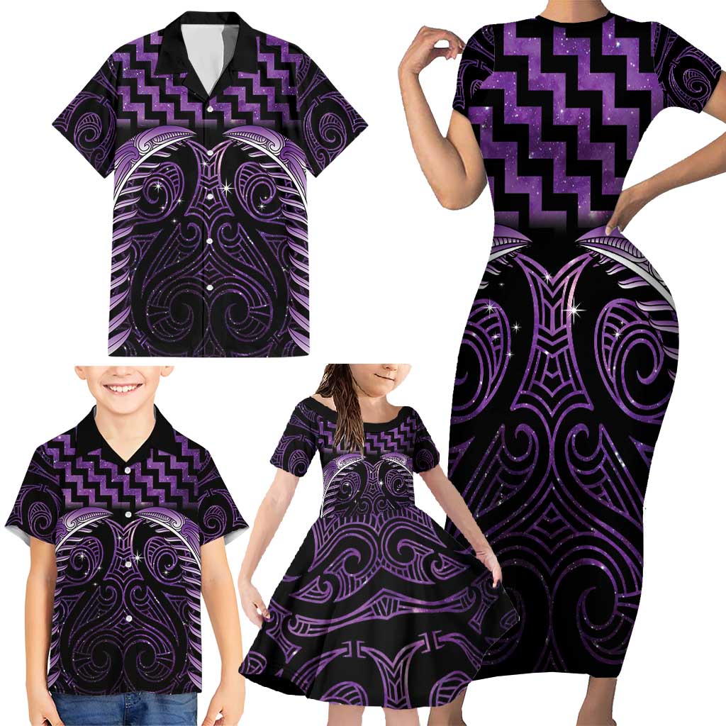 Purple Matariki New Zealand Family Matching Short Sleeve Bodycon Dress and Hawaiian Shirt Maori Poutama Galaxy Vibes LT14 - Polynesian Pride