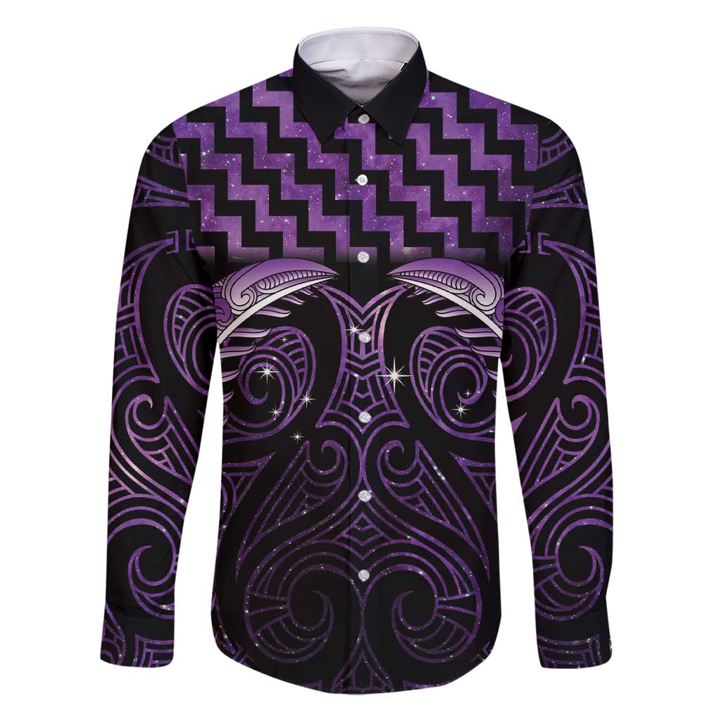 Purple Matariki New Zealand Family Matching Short Sleeve Bodycon Dress and Hawaiian Shirt Maori Poutama Galaxy Vibes LT14 Dad's Shirt - Long Sleeve Purple - Polynesian Pride