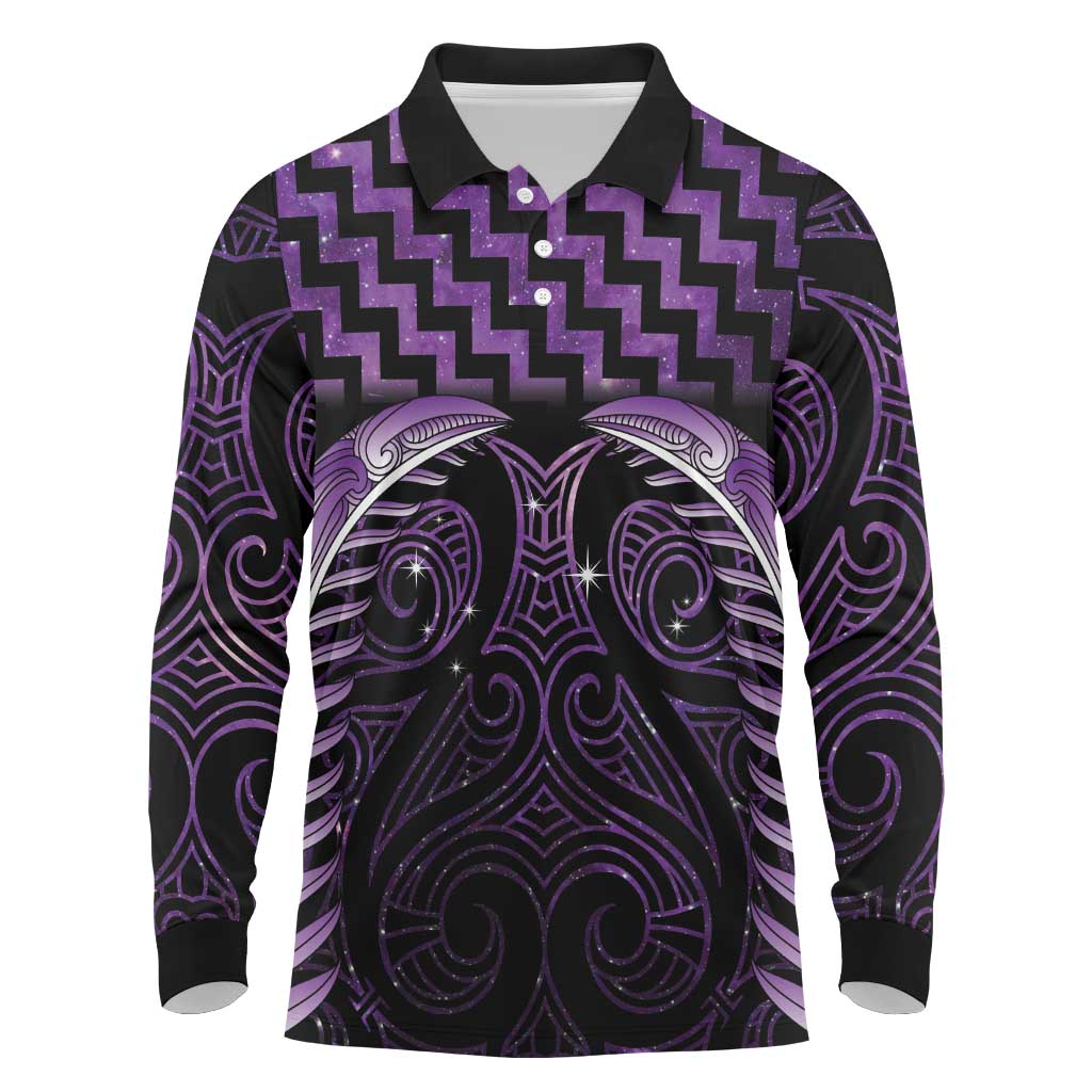 Purple Matariki New Zealand Long Sleeve Polo Shirt Maori Poutama Galaxy Vibes