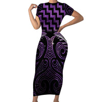 Purple Matariki New Zealand Short Sleeve Bodycon Dress Maori Poutama Galaxy Vibes LT14 Long Dress Purple - Polynesian Pride