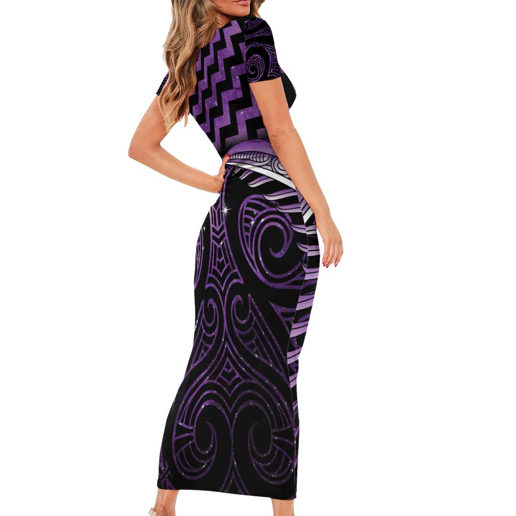 Purple Matariki New Zealand Short Sleeve Bodycon Dress Maori Poutama Galaxy Vibes LT14 - Polynesian Pride